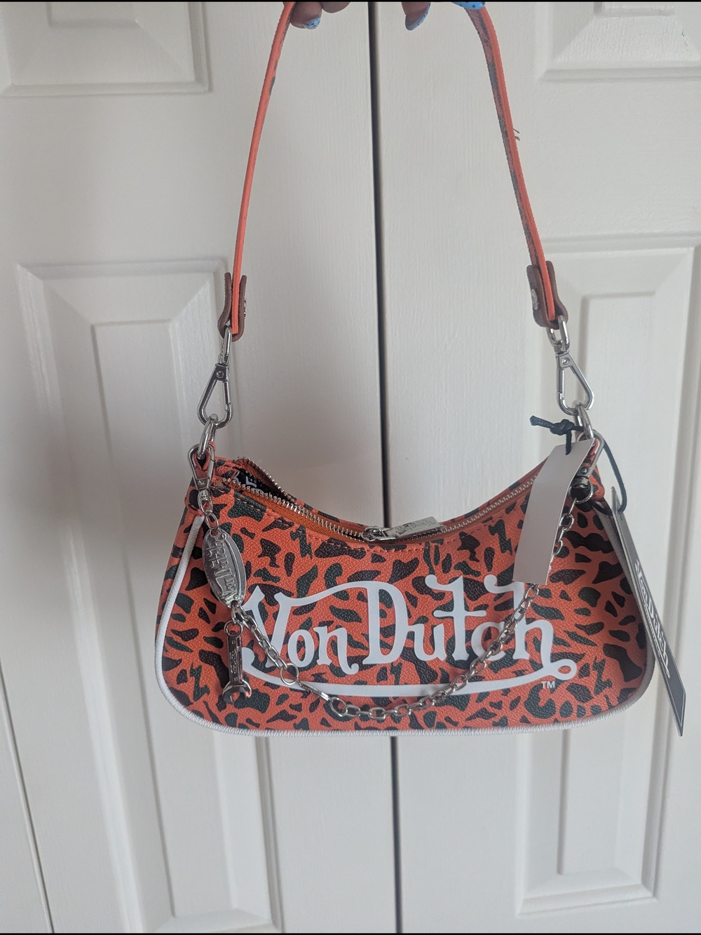 Von Dutch Orange Leopard Logo Shoulder Bag